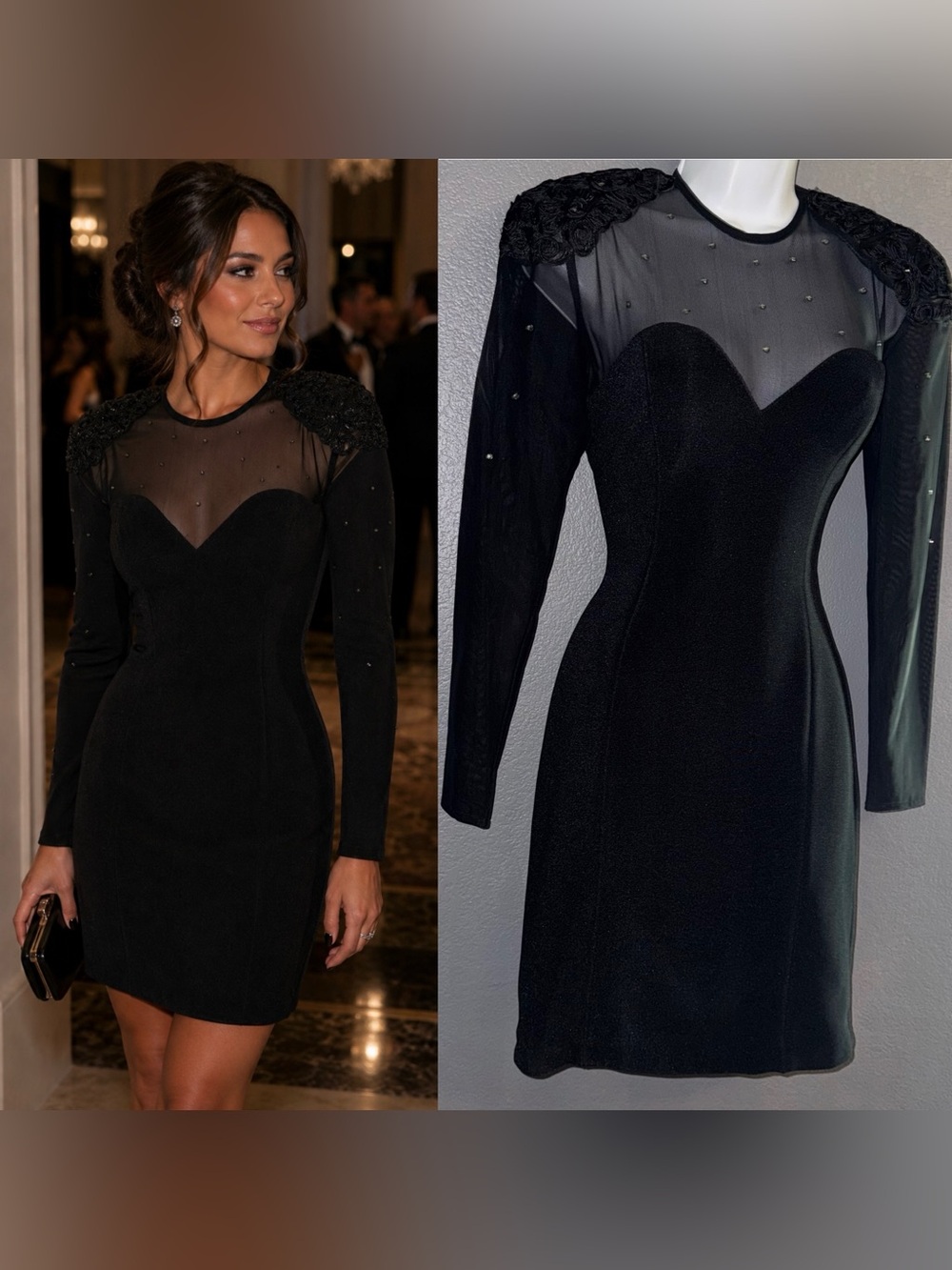 Vintage HW Collections Little Black Long Sleeve Shoulder Pad Sheer Dress Small 4